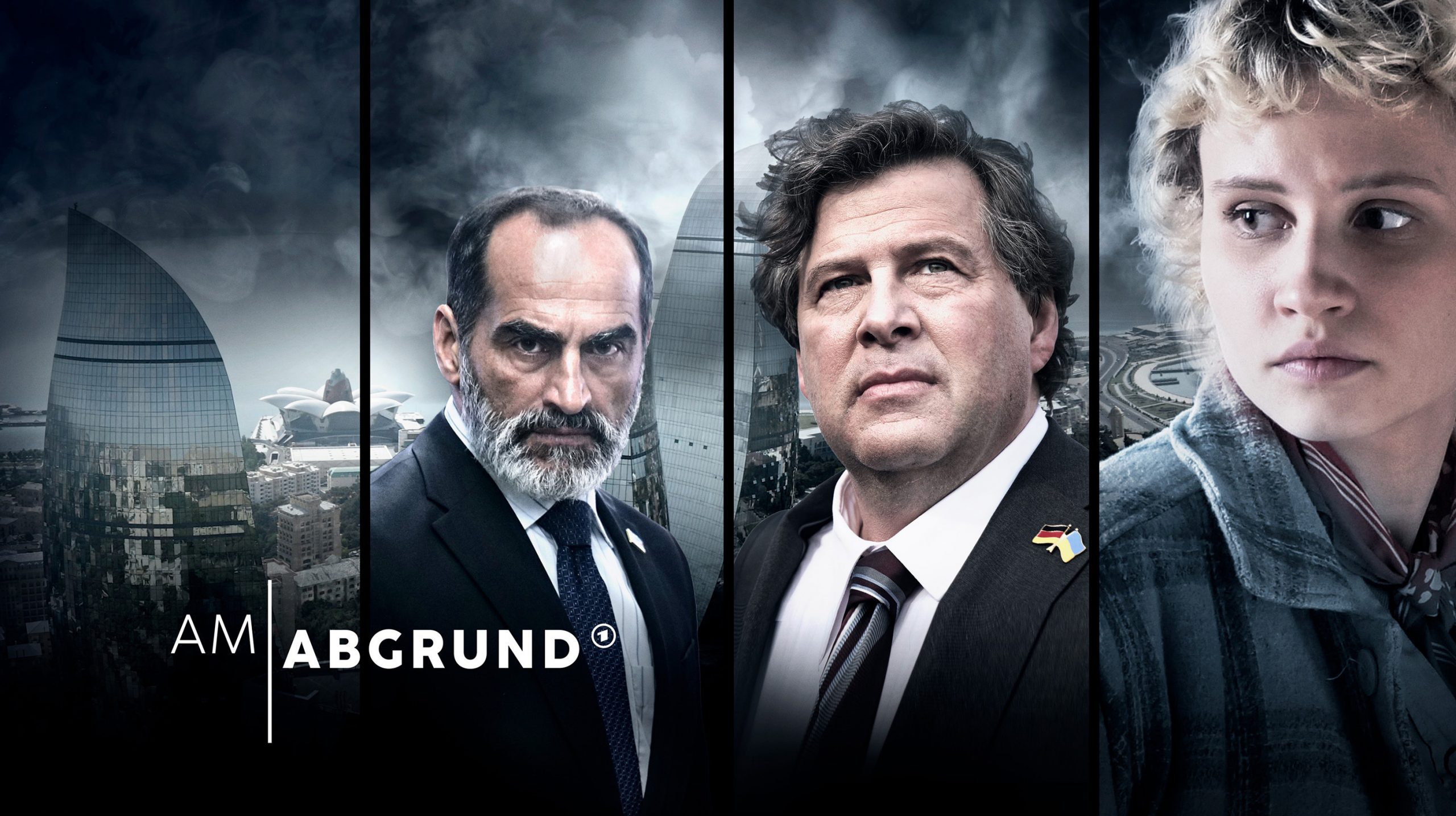 ARD/SWR AM ABGRUND, "FilmMittwoch im Ersten", am Mittwoch (06.03.24) um 20.15 Uhr im ERSTEN. V.l.n.r. Der aserbeidschanische Europaratsabgeordnete Tofik Gasimov (Navid Neghaban), Gerd Meineke (Hans-Jochen Wagner), der vom Europarat zur Wahlbeobachtung in Aserbeidschan eingesetzt wurde und seine zukünftige Stieftochter Leyla Kasparjan (Luna Jordan) © ARD/SWR/diwafilm/Daniel Harrich/Schlicht, honorarfrei - Verwendung gemäß der AGB im engen inhaltlichen, redaktionellen Zusammenhang mit genannter ARD-Sendung bei Nennung "Bild: ARD/SWR/diwafilm/Daniel Harrich/Schlicht" (S2). ARD-Programmdirektion/Bildredaktion, pressefoto.daserste@ard.de