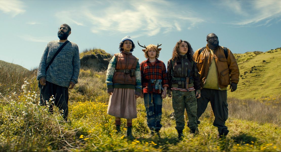 Sweet Tooth. (L to R) Adeel Akhtar as Singh, Naledi Murray as Wendy, Christian Convery as Gus, Stefania LaVie Owen as Becky, Nonso Anozie as Jepperd in episode 303 of Sweet Tooth. Cr. Courtesy of Netflix © 2024