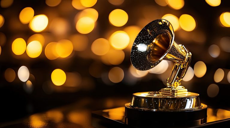 Grammy Award with White Highlights: Shiny Grammy Award Trophy Highlighted with Bright White for Celebrating Music Industry Achievements