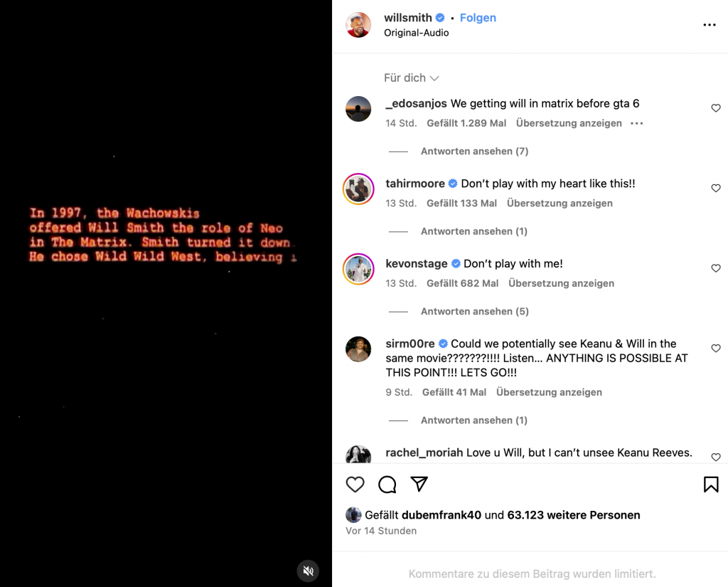 1999 hat Will Smith die Rolle abgelehnt – nun gibt es Spekulationen um Teilnahme an  Matrix-Film Gerücht: Kommt »Matrix« mit Will Smith?