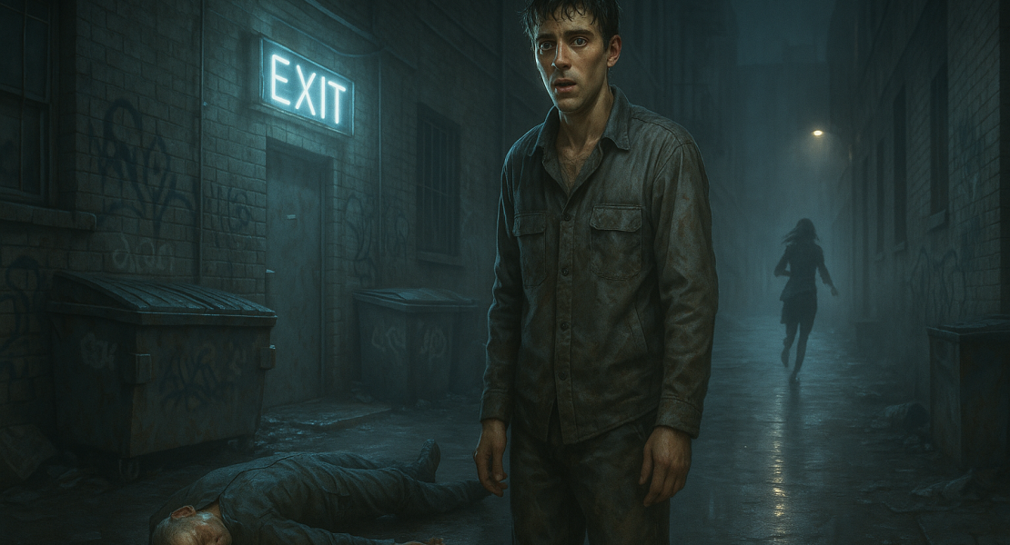 Kurzgeschichte von Sucy Pretsch: "Das Böse, das er nie wollte". Junger Mann steht im Regen hinter einer Bar, während ein regloser Körper ...