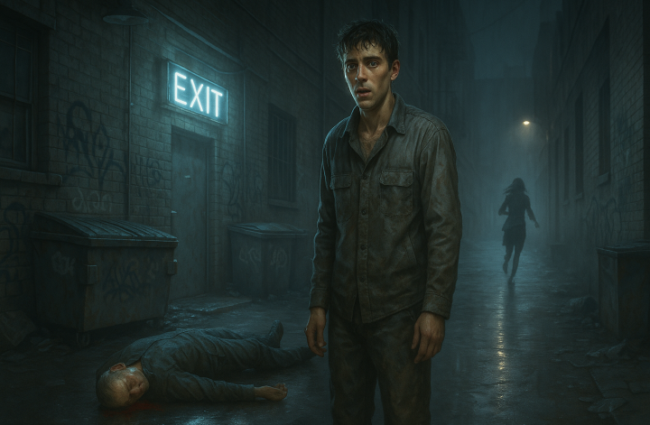 Kurzgeschichte von Sucy Pretsch: "Das Böse, das er nie wollte". Junger Mann steht im Regen hinter einer Bar, während ein regloser Körper ...