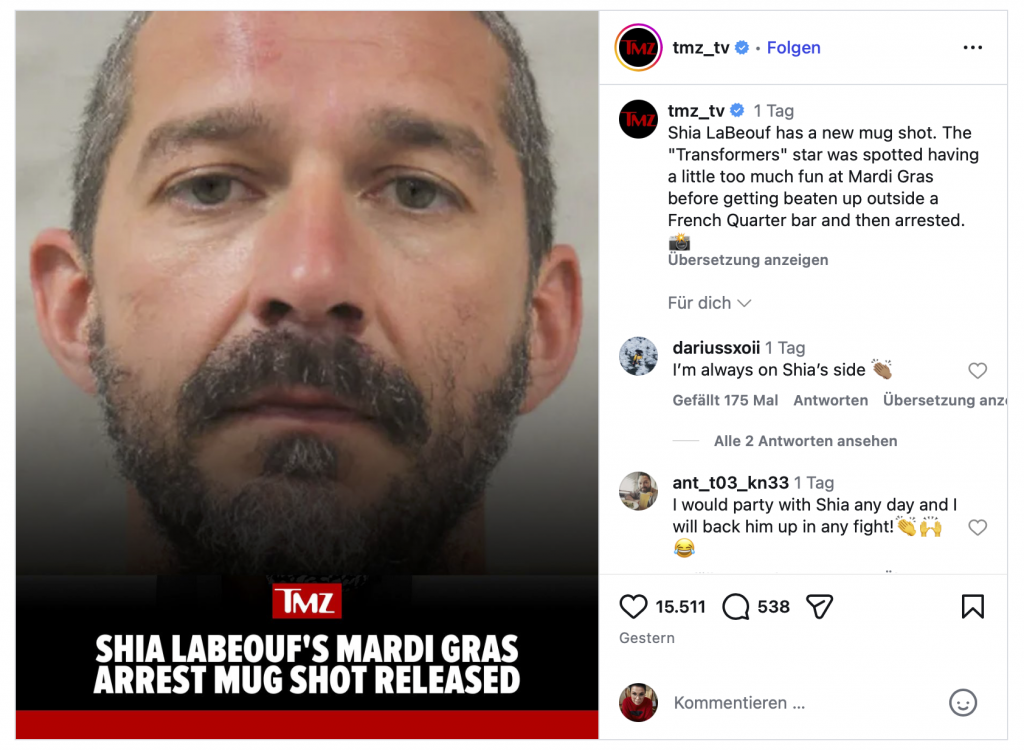 Schlägerei, Suff, Skandal-Akte: Dieses Foto könnte Shia LaBeouf endgültig ruinieren Screenshot des Magazins TMZ