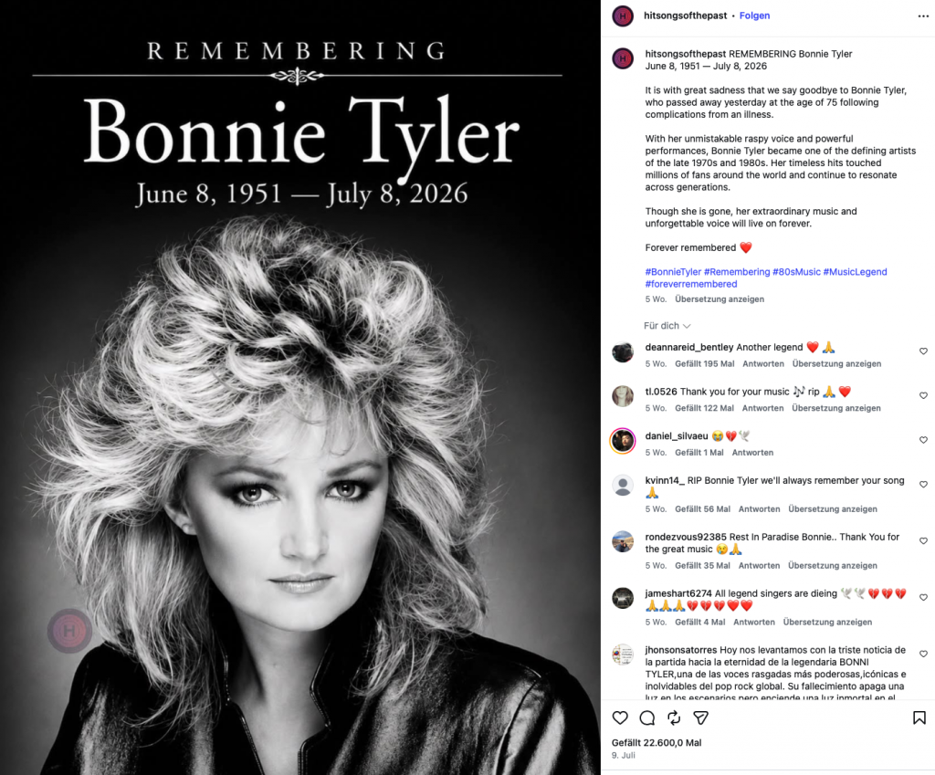 Bonnie Tylers Sarg wurde nach Hause gebracht