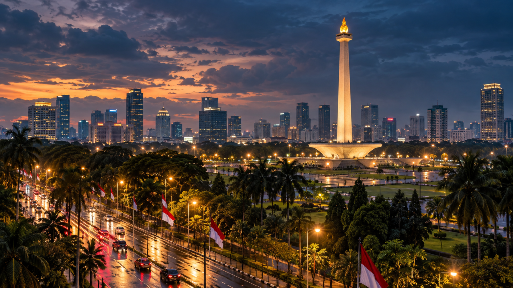 Symbolbild: Blick auf Jakarta und das Nationaldenkmal Monas. KI-generierte Illustration zum Artikel über „Der Mord an Brigadier J“.