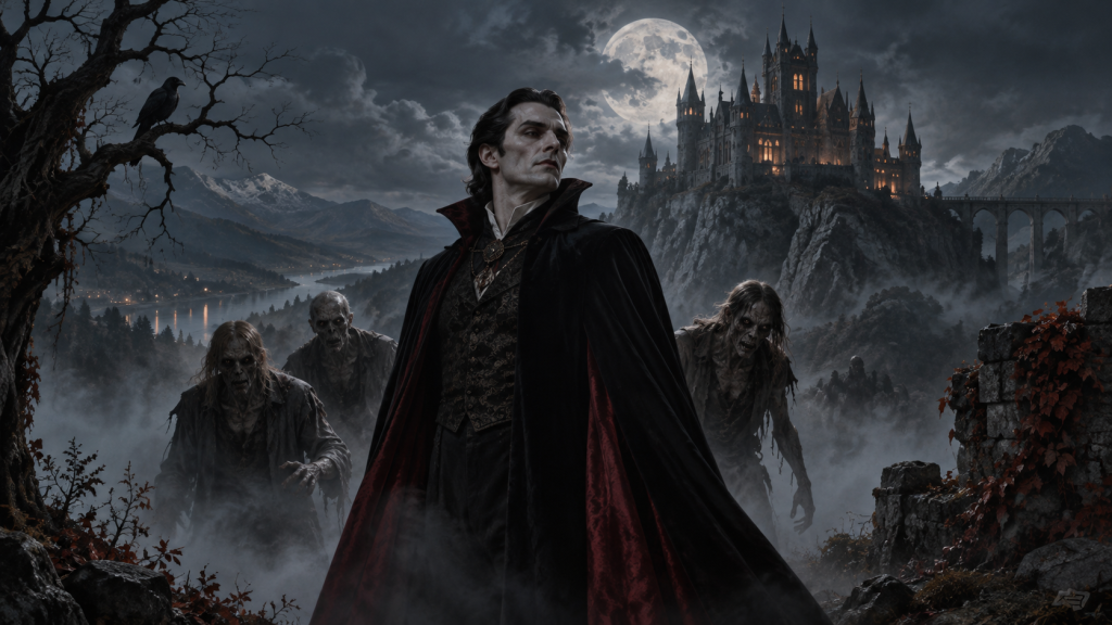 Vampir und drei Zombies vor einem nebligen Schloss im Mondlicht.