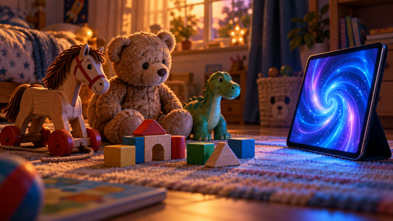 Spielzeug trifft Bildschirm: KI-generiertes Symbolbild zur Kritik von „Toy Story 5“, keine Filmszene.