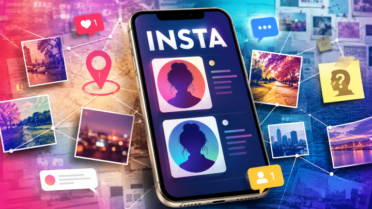 Buntes KI-Symbolbild zum Insta-Mord mit Smartphone und zwei ähnlichen anonymen Profilen
