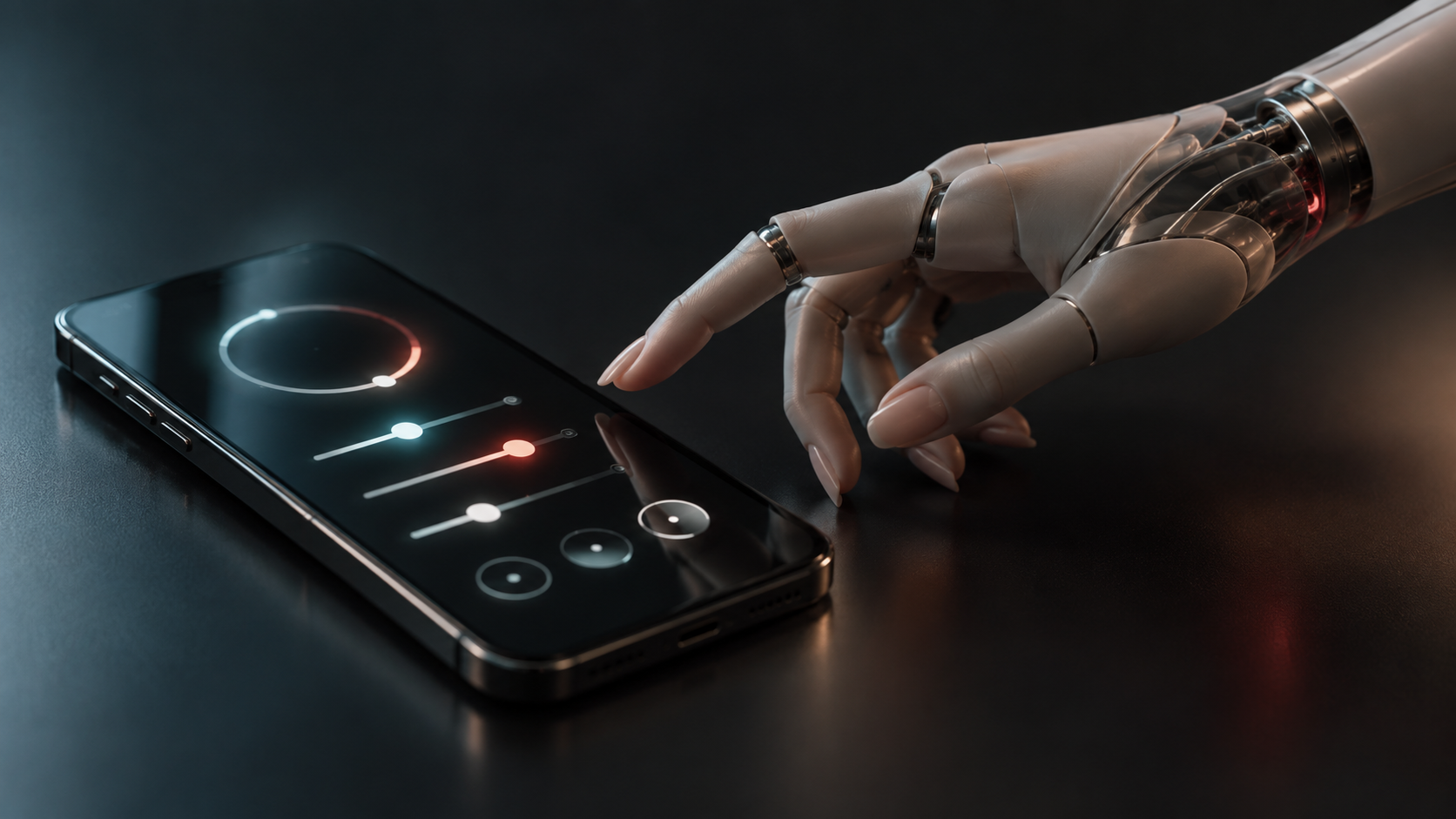 Künstliche Frauenhand neben einem Smartphone mit digitalen Steuerelementen