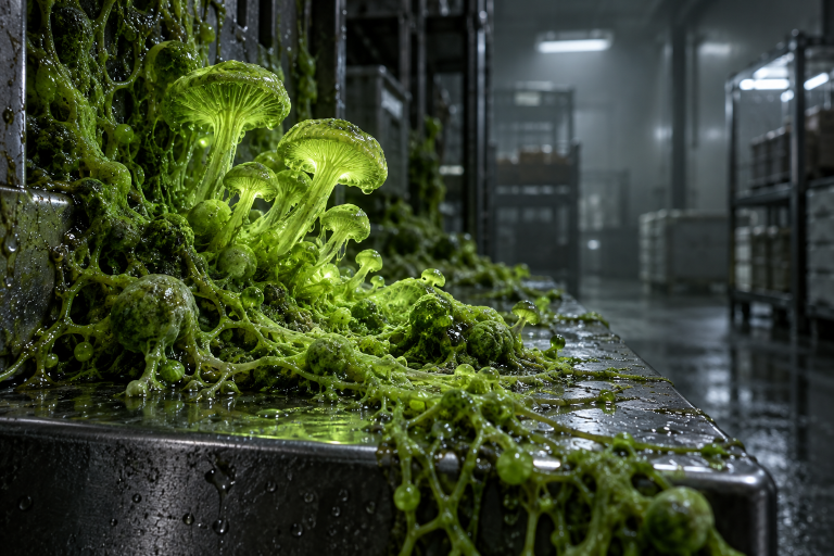 Leuchtend grüner Pilz breitet sich in einem dunklen Kühlraum aus.
