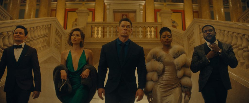 „John Cena, Jessica Biel, Sam Richardson, Teyonah Parris und Arturo Castro in Matchbox: Der Film“