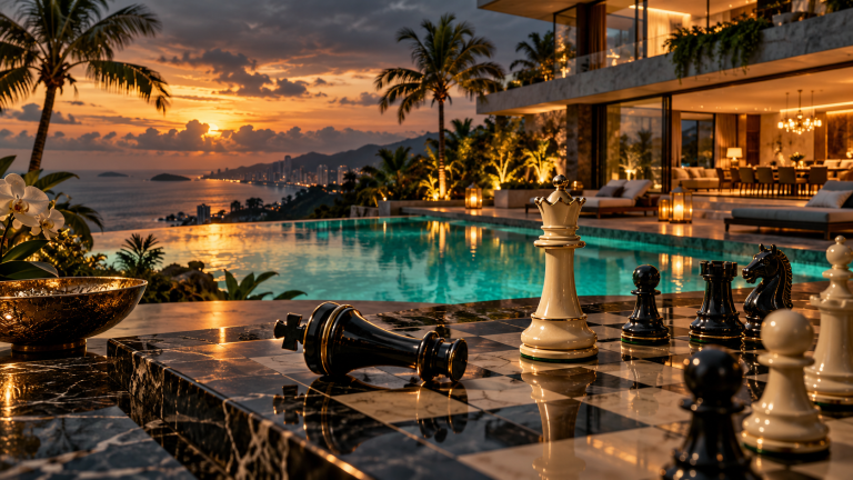 Schachfiguren vor einer luxuriösen Villa mit Pool bei Sonnenuntergang als Symbol für die Machtkämpfe in „Medusa“.